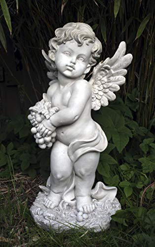 GeKi Trend Engel Figur mit Weintraube Dekofigur Putte frostfest Gartendeko antik weiß Grabengel wetterfest 45 cm groß