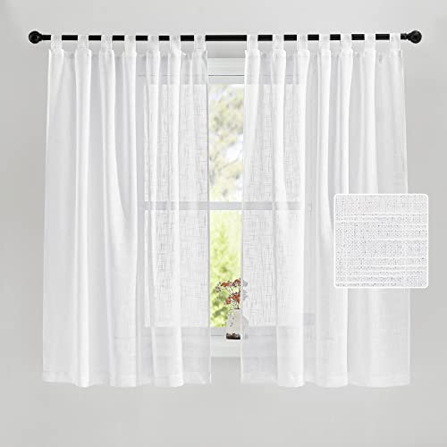 PONY DANCE Schlaufenschal 2er Set Wohnzimmer Vorhänge Weiss Halbtransparent H 160 x B 140 cm Fenster Kurze Gardinen Leinenoptik Voile
