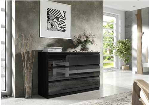 3xEliving Elegant och rymlig byrå Halv 6 lådor 140 cm, perfekt för vardagsrum, kontor, sovrum svart/svart brinnande. Mått: 140 x 38 x 78 cm.