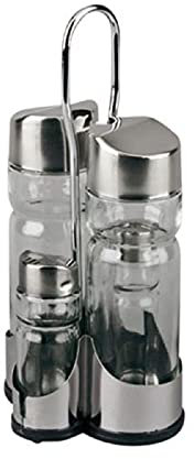 Tradineur - Set 4 piezas vinagrera aceitera salero y pimentero con soporte de acero inoxidable 21 cm