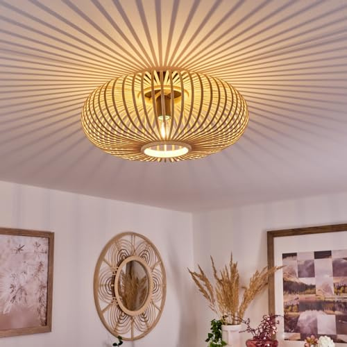 HOFSTEIN Deckenleuchte Oravi, Deckenlampe aus Metall/Holz/Bambus in Schwarz/Natur, Leuchte im Boho/skandinavischen-Design mit tollem Lichteffekt, Ø 40 cm, E27, Wohnzimmer, Esszimmer, Schlafzimmer