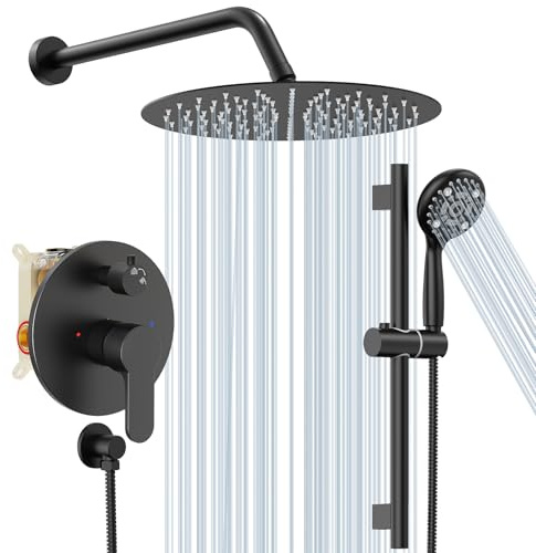 SR SUN RISE 12 Inch Slide Bar Shower System, Round Shower Faucets Sets Complete Rain Shower head and 6-Spray Handheld Combo, Wall Mounted Dual Shower Faucet Included Valve and Trim Kit, Matte Black