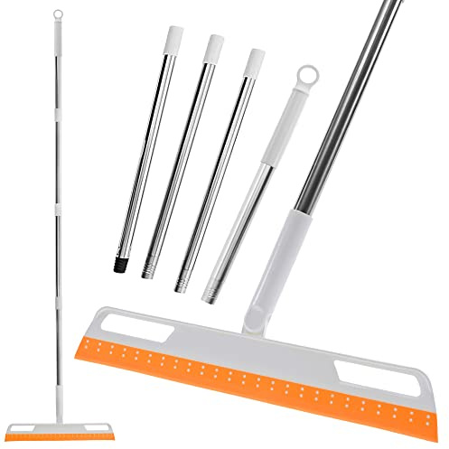 Multifunction Rubber Air Broom, Silicone Floor Squeegee, Air Broom, Rubber Squeegee with 56 Long Handle, Floor Scraping Sweeper Wiper for Bathroom Shower Kitchen Pet Hair Fur Marble Tile (Orange)