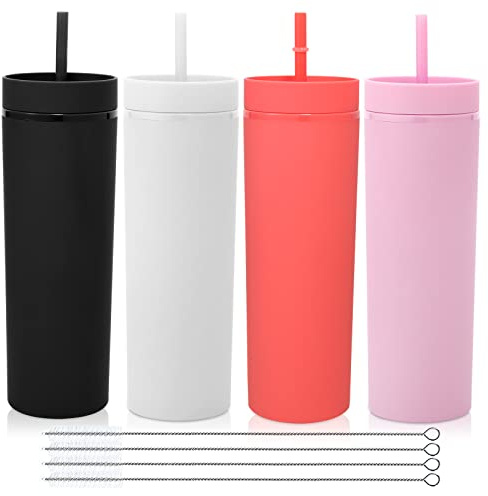 Volhoply 20oz Plast Skinny Tumblers 4 Pack, Dubbelvägg Tumbler med Lock Och Halm, 550 ML Återanvändbar Iskaffe Mugg, BPA-Fria Matt Akryl Vattenkoppar med Sugrör för Fest, DIY-Presenter