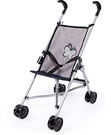Bayer Design 30527AA Puppenbuggy, zusammenklappbar, Doppelräder, Sicherheitsgurt, aus Metall, Jeans-grau, Rosa