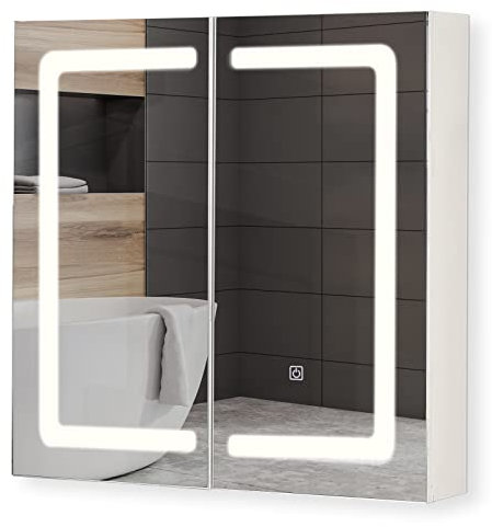 Aquamarin® Spiegelschrank Bad mit Beleuchtung - 65x65cm, 2 Türig, LED, Steckdose, Touchschalter - Badschrank Hängend, Badezimmer Spiegel, Badezimmerschrank, Wandschrank, Badschrank, Badspiegel