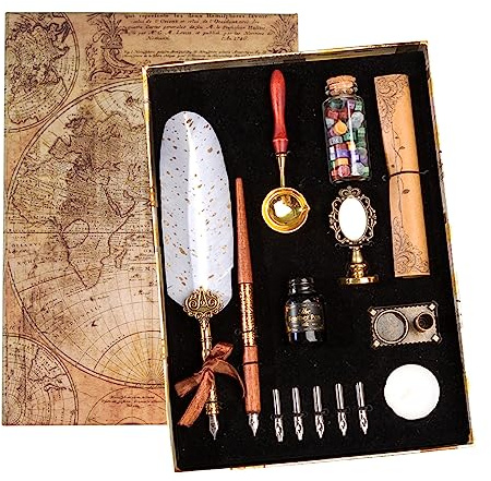 Joyeee Set penna piuma e inchiostro, con inchiostro, timbro sigillo di cera in ottone, supporto per penna, carta lettera, perline sigillo di cera, Tealight, regali di compleanno per mamma papà