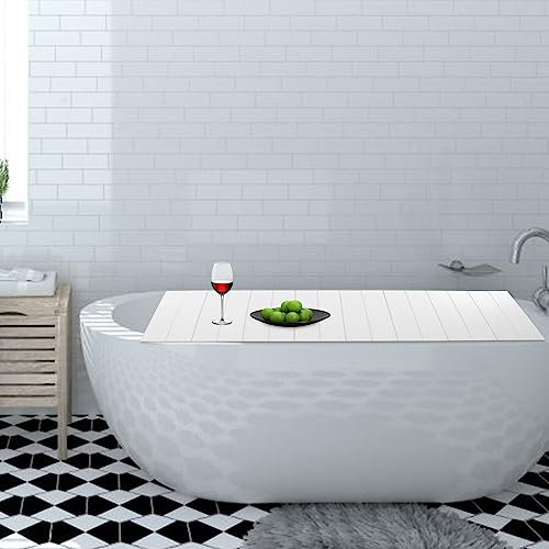 Faltbare Badewannenabdeckung 170x70cm Badewanne Weiße Holzmaserung Brett Badablage für SPA Erfahrung,wasserdichte,Staubdichtes,Temperaturbeständigkeit 80 ℃