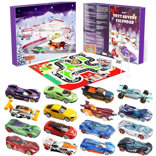 Calendrier de l'avent Enfant 2025, Voiture Jouet 2025, 24 Jours Noel Avec 16 Jouets de Voiture, 6 Personnages de Dessins Animés, Calendrier de Lavent Enfant 3 à 12 ans