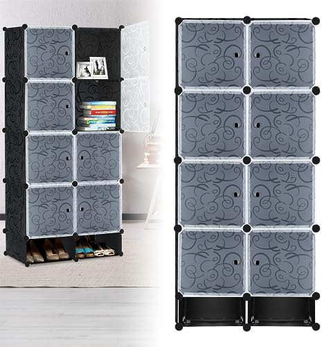 LZQ Kleiderschrank Mehrzweckschrank DIY Regalsystem Schrank, Kunststoff Garderobenschrank Schlafzimmerschrank mit Tür, Steckregal Aufbewahrung Staubdicht mit 8 Würfeln und Schuhschrank