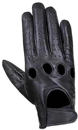 Leather Men's Driving Gloves Retro style Comfort Chauffeur Fashion Lambskin soft (M, Black With Holes)