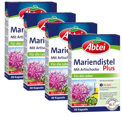 Abtei Mariendistel Plus mit Artischocke - unterstützt die Leberfunktion - fördert die Fettverdauung - laborgeprüft und natürlich wirksam - 30 Kapseln (Packung mit 4)
