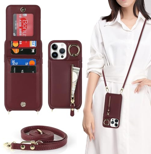 Zouzt Crossbody Wallet Case for iPhone 13 Pro, with Strap, Burgundy | Lanyard Purse, 4 Card Holder, 360° Ring Kickstand, PU Leather Zipper Handbag, Shockproof TPU, Back Flip Phone Cover for Women