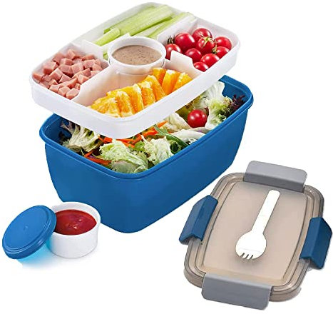Louttary Lonchera para adultos, 2000 ml, lonchera con compartimentos, caja de ensalada de 2 niveles para llevar, sostenible, a prueba de fugas, azul