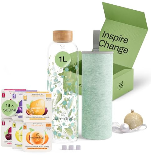 waterdrop® Flasche aus Glas 1 Liter inkl. 18 zuckerfreie Drops - Geschenk für Frauen - Probierpaket mit Wasserflasche, Flavor Drops & Vitaminen - auslaufsichere Trinkflasche & Kohlensäure geeignet