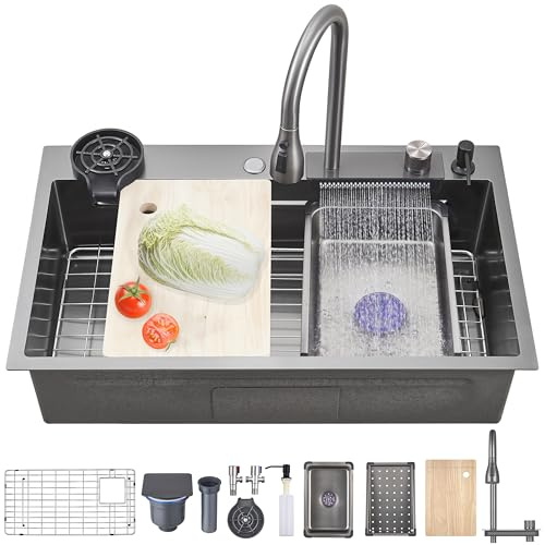 Lavello da cucina a cascata Ribanedy 86 x 50 cm, lavello da cucina in acciaio inossidabile grigio scuro, versatile lavello moderno a vasca singola con rubinetto a spruzzo estraibile e accessori