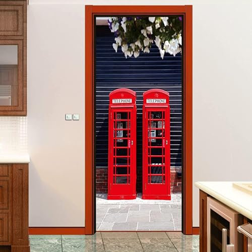 Tür Tapeten 3D Selbstklebend - Rote Telefonzelle Auf Der Londoner Straße 90 X 200 Cm - 3D Türaufkleber Wandbilder Türposter Fototapete Pvc Diy Türbild Vinyl Wasserdichte Entfernbar Mauer Aufkleber Zu