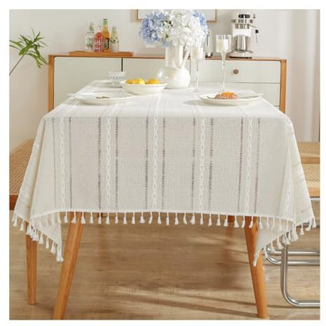 Epinki Tischdecken 140x260CM, Tischtuch Streifen Quaste Polyester, Tischdecke Hochzeit Tischschutz Geeignet für Home Küche Dekoration, Verschiedene Größen, Beige Weiß