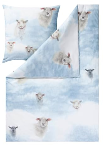 ESTELLA Bettwäsche Wilson 4457 630 Bleu Kuschelflanell Schafe Lamm Himmel Wolken Blau, Größe:135 cm x 200 cm