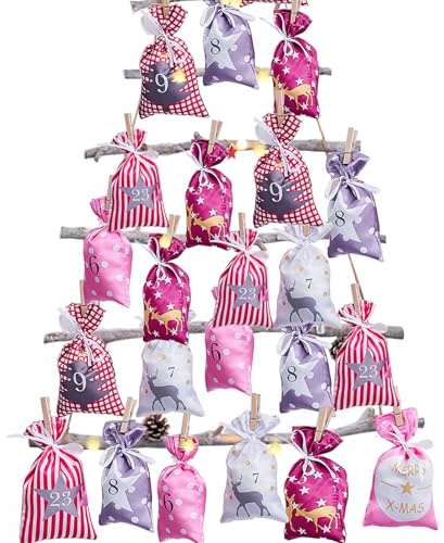 Adventskalender zum Befüllen (12x20cm), 24 Stoffbeutel Kette zum selber Basteln und Aufhängen, 2025 Weihnachtskalender zum selberfüllen mit Rot Stoff Säckchen für Kinder (Rot)