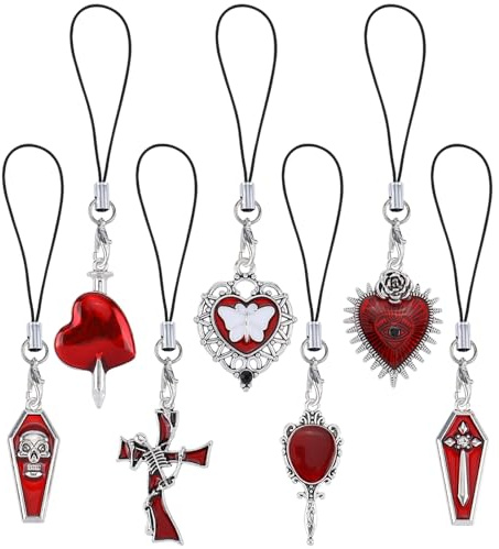 BEEFLYING 7Pcs Mignons Charms pour Téléphone Portable, Sangles de Charme de Cœur Gothique Kawaii pour Halloween,Pendentifs Esthétiques Y2K pour Téléphone Sac Porte-Clés Appareil Photo et Portefeuille