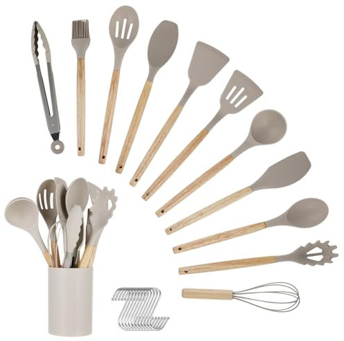 Juego de Utensilios de Cocina - Set de 12 Piezas de Silicona con Caja de Cubiertos y Mango de Madera - Resistente al Calor, Antiadherente y Apto para Lavavajillas - Utensilios de Cocina (Caqui)