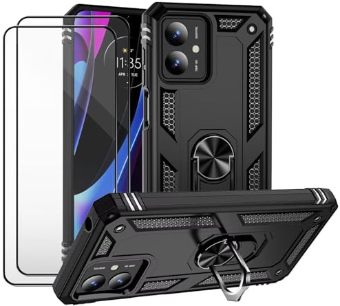 CLYDITE Funda para Motorola Moto G14 Carcasa Negro con 2 Piezas Vidrio Templado Armor Silicona TPU 360 Anillo Anillo Giratorio Soporte Caja del Coche Antigolpes Case