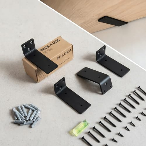MILUKA Lot de 4 equerre etagere murale 10 cm en L, acier resistant | Support tabletts murale, Acier noir, charge jusqu'à 60 kg, Design industriel, fixation invisible et installation facile