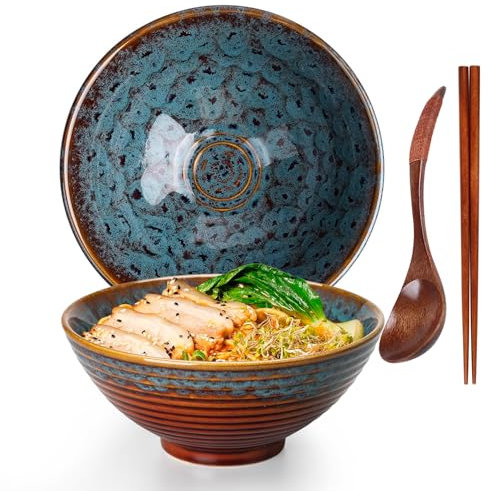 TuYines Ceramic Ramen Bowl, Ramen Bowl Set, Japanese Ramen Bowl with Spoon & Chopsticks, 1200 ml Soup Bowls, SaladBowl (Style A)