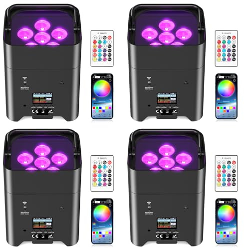 Glowingstage LED Par Akku, 4 X 108W 6 in 1 RGBWA+UV Bühnenlicht mit 9600mAh | APP Kontrolle, LED Strahler Akku mit DMX und Fernbedienung für Party, Club, Bar, Halloween, Weihnachten