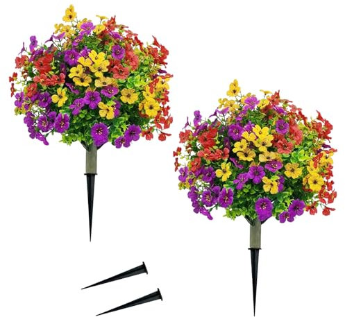 Juego de 2 árboles topiarios artificiales de bola violeta para exteriores con picos de tierra, flores artificiales realistas de 22 pulgadas, resistentes a la decoloración, arbustos falsos para jardín
