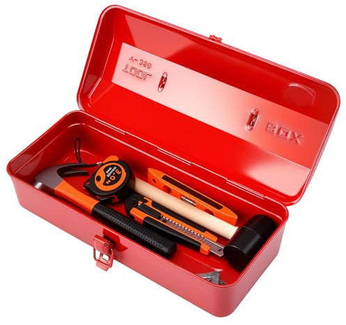 Large Metal Tool Storage Box with Handle for Home, Garage & Workshop, 37×16×12cm Portable Tool Case with Lid Locking Professional Storage Cabinet for Wrenches, Screwdrivers, Small Parts(Red)