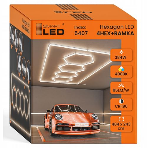 Garagenlampe LED 5-Hex 384W 4000K Verformbare LED Werkstatt Deckenleuchte DlY Sechseck Garage Licht für Garage, Werkstatt, Lager, keller, Fitnessstudio, Hexagon (484x243)