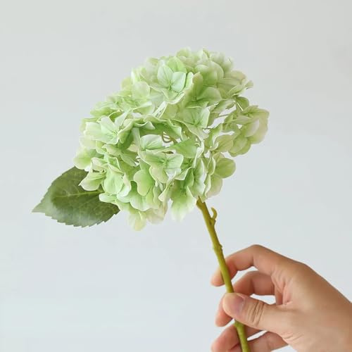 LIJUCAI Rama de Hortensia Artificial de látex, Flor Artificial de Tacto Real, hortensias Naranjas, decoración de cafeterías y hoteles, Flores Artificiales, Planta Verde (Verde Claro)