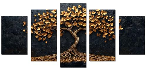 JOSUE Set 5 Albero della Vita Quadri su Tela Astratta Minimalista Quadro Moderno Soggiorno Camera da Letto Sala Da Pranzo Bagno Cucina e Ufficio(Oro 64)-100x150cm Non incorniciato