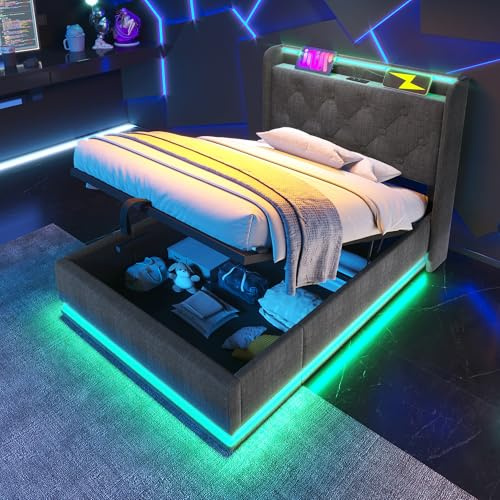 Merax Polsterbett 140 * 200 cm, Doppelbett, 360-Surround-LED-Funktion, Drucktaste/App/Fernbedienung, Grau Leinen-Material Hydraulisches Lagerbett, gepolstertes Kopfteil mit USB Typ-C Ladefunktion