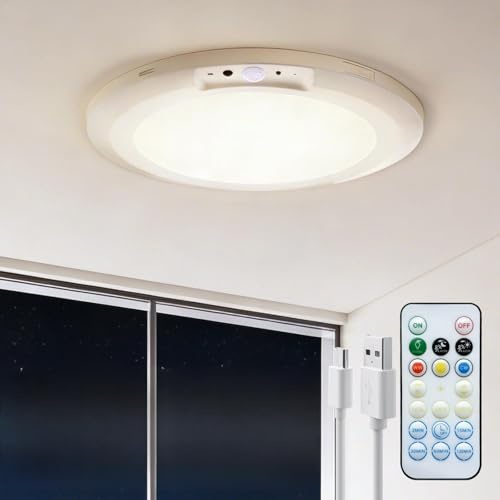 FIONSUN Motion Sensor Lights Indoor, 10000mAh Rechargeable LED Ceiling Light with Remote, Battery Operated Lights Ceiling, Cordless Bathroom Ceiling Lamp Battery Operated for Shower, Pantry
