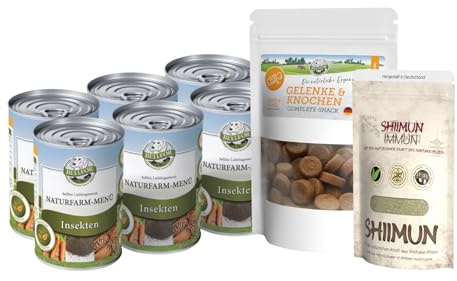 Bellfor Set Cibo per cani anziani: cibo umido senza cereali con proteine di insetti - Naturfarm-Menü + Shiimun Immun Pulver + Gelenke-&-Knochen Complete-Snack.