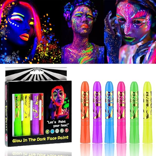 Uv Bodypainting färger set, 6 färger neonlysande tvättbara sminkfärger tvättbar ansiktsfärg UV sminkset neon UV sminkset för dekoration, festivaltillbehör, halloween, karneval