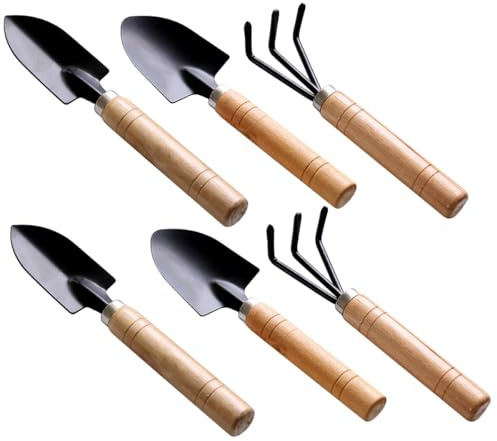 HOODANCOS Ensemble de Jardinage 6 Pièces Râteau Bêche et Pelle Manches en Bois Verni Écologique Outils Compacts pour Plantation Repiquage et Entretien des Plantes d'Intérieur et Petits