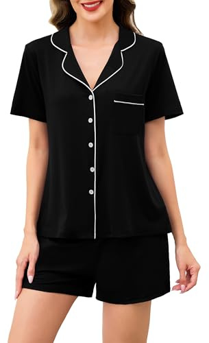 Wikoan Pijama de Mujer Conjunto de Verano Pijama de Dos Piezas Ropa de Estar por Casa,Negro,L