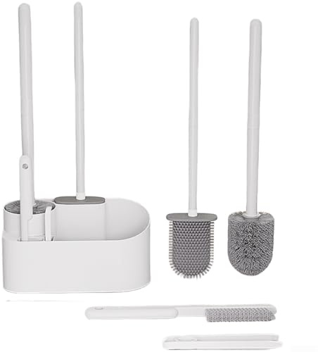 Juego de escobilla de inodoro montada en la pared 4 en 1 con cabezal de silicona, limpiador de huecos y pinza para el pelo, herramienta de limpieza profunda de 360 grados para baño, almacenamiento