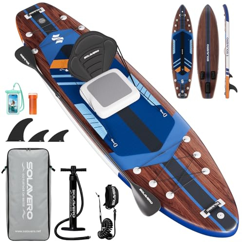 SOLAVERO Stand Up Paddling Board mit Sitz & Allem Zubehör, 350×89×15 cm | Verstellbares Doppelpaddel, Drop-Stitch PVC, Action-Cam-Halterung, für Anfänger, Familien & Touren, Extra Groß, bis 200kg