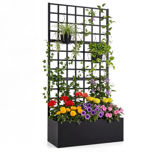 COSTWAY Blumenkasten mit Rankgitter, Pflanzkasten für Kletterpflanzen, Hochbeet mit Spalier & Entwässerung, Blumenkübel für Garten Balkon Sichtschutz, Gartenspalier Metall, 91x40x180 cm, Schwarz