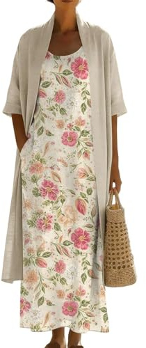 Generico Completo Donna Elegante - Taglie Forti Set Vestito e Cardigan Coordinato Abito Estivo Spolverino Boho Vintage Cotone e Lino Leggero Fresco Cerimonia Matrimonio Vacanza Abiti Lunghi