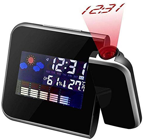 Flyinghedwig Colourful Projection Alarm Clock, Latest Ceiling/Wall Projecting Digital Clocks with Back Light LCD Display Weather Station Hygrometer Tempmeter Snooze Functions