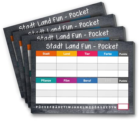 younikat 4er Set Stadt Land Fun Blöcke - DIN A6-50 Blatt je Block - dv881 | für Kinder und Erwachsene, zum Beschreiben und abreißen, Reisespiel in Taschengröße, im Restaurant oder auf der Reise
