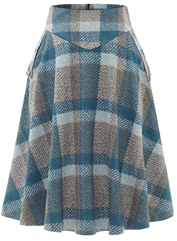 Damen Vintage Elegant Plaid Winterrock Warm Elastische Taille A Linie Röcke Casual Hohe Taille Midi Rock Blue Grey Plaid M