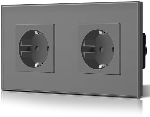 BSEED Schuko Normal Doppelt Steckdose 2 Fach EU-Standard Unterputz Wandste mit Erdungskabel Einfache Installationckdose Kristall Glas Platte 16Amp 250V Verlängerungssteckdosen 157mm Grau