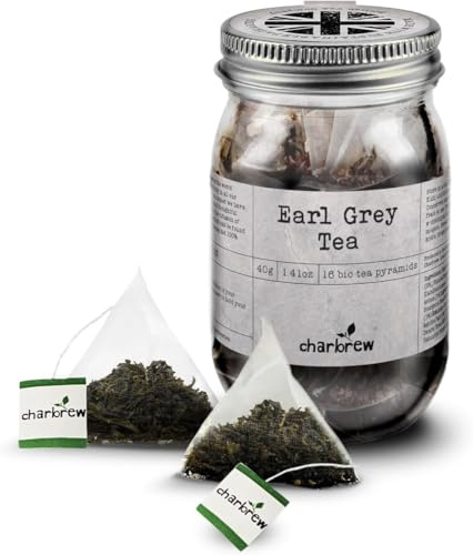 Charbrew Earl Grey Tea - 16 Fine Mesh Pyramid Teabags with String & Tag in Reusable Glass Mason Jar | Premium Black Tea Blend with Blue Mellow Buds & Bergamot